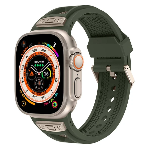 TechnoGuru  Apple Watch Ultra 49mm KRD117 Hava Alabilen Delikli Metal Süslemeli Desenli Silikon Kordon  Titanyum Yeşil