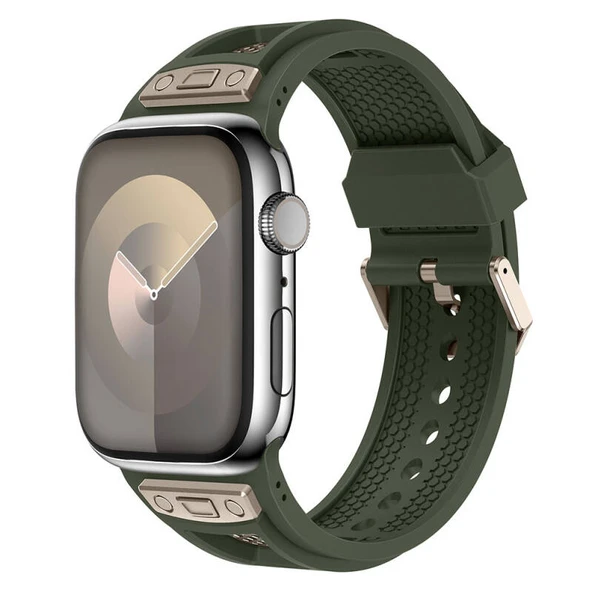 TechnoGuru  Apple Watch 45mm KRD117 Hava Alabilen Delikli Metal Süslemeli Desenli Silikon Kordon  Titanyum Yeşil