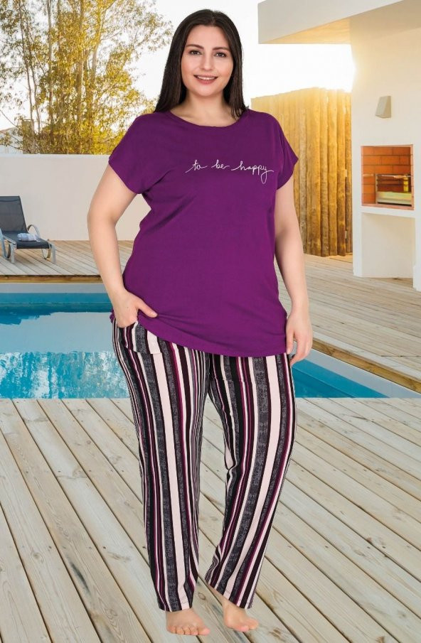 Hayal Sepeti Mor Kısa Kollu Cepli Çizgili Büyük Beden Kadın Pijama Takımı 10778