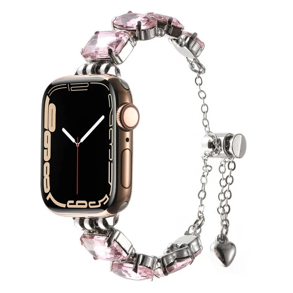 TechnoGuru  Apple Watch 7 45mm KRD115 Renkli Taş Tasarımlı Kordon  Rose