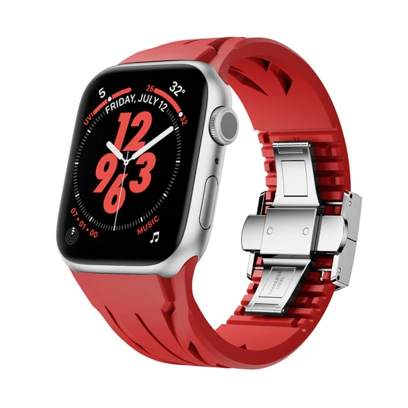 TechnoGuru  Apple Watch 45mm Kordon Metal Tokalı Kesilebilir Silikon KRD127  Kırmızı