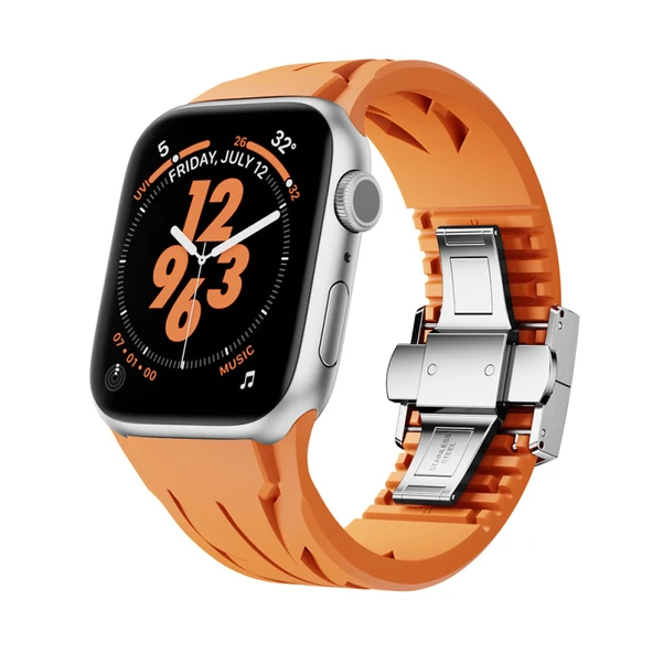 TechnoGuru  Apple Watch 7 45mm Kordon Metal Tokalı Kesilebilir Silikon KRD127  Turuncu