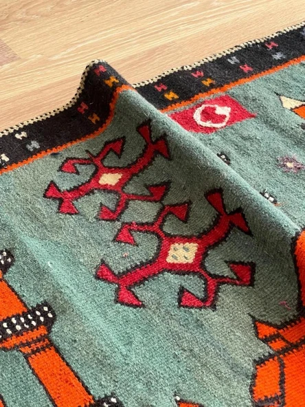 100x343 cm Turuncu ve Siyah El Dokuması Türk Kilimi, Camii ve Ender Motifler, Yüksek Kaliteli Yün Yolluk - 6