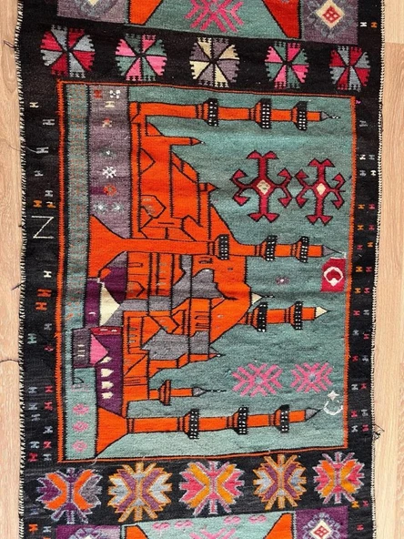 100x343 cm Turuncu ve Siyah El Dokuması Türk Kilimi, Camii ve Ender Motifler, Yüksek Kaliteli Yün Yolluk - 7
