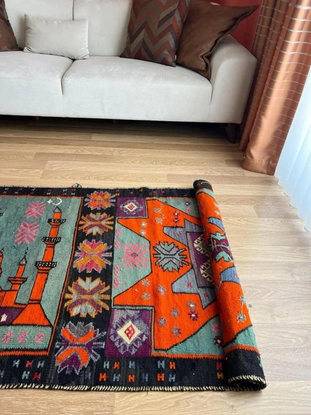 100x343 cm Turuncu ve Siyah El Dokuması Türk Kilimi, Camii ve Ender Motifler, Yüksek Kaliteli Yün Yolluk - 3