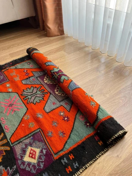 100x343 cm Turuncu ve Siyah El Dokuması Türk Kilimi, Camii ve Ender Motifler, Yüksek Kaliteli Yün Yolluk - 9