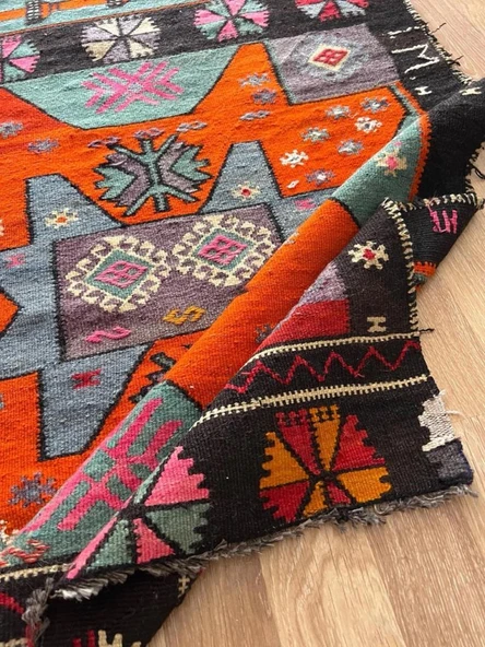 100x343 cm Turuncu ve Siyah El Dokuması Türk Kilimi, Camii ve Ender Motifler, Yüksek Kaliteli Yün Yolluk - 5