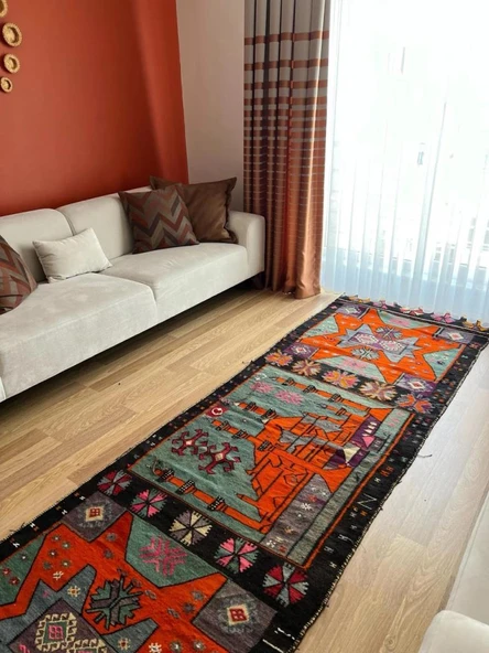 100x343 cm Turuncu ve Siyah El Dokuması Türk Kilimi, Camii ve Ender Motifler, Yüksek Kaliteli Yün Yolluk - 2