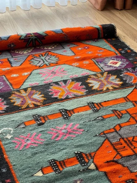 100x343 cm Turuncu ve Siyah El Dokuması Türk Kilimi, Camii ve Ender Motifler, Yüksek Kaliteli Yün Yolluk - 4