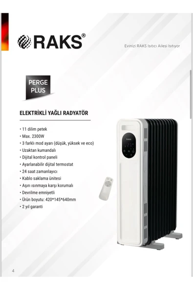 RAKS Elektrikli Yağlı Radyatör Perg. Plus 2300 Watt Kumandalı