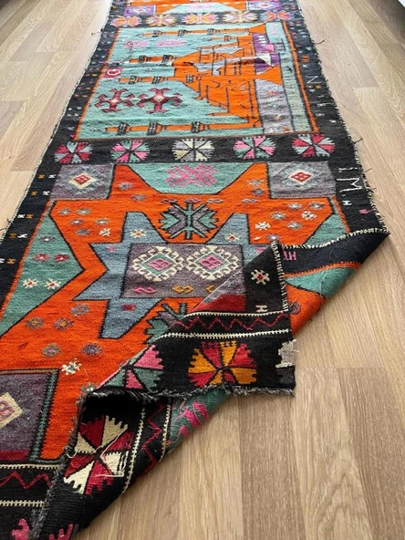 100x343 cm Turuncu ve Siyah El Dokuması Türk Kilimi, Camii ve Ender Motifler, Yüksek Kaliteli Yün Yolluk - 8