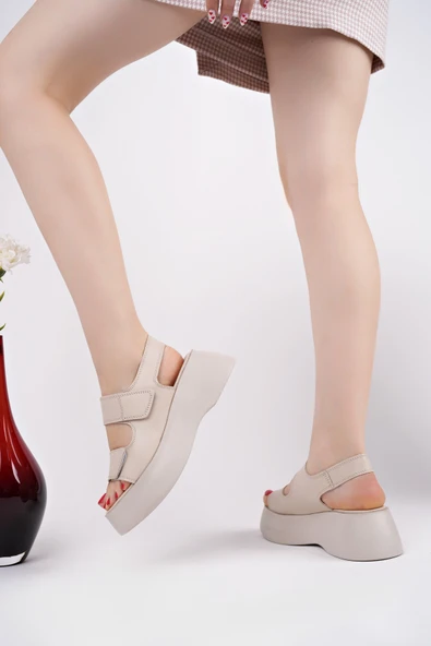 Muggo NANSHE Kalın Taban Çift Bantlı Cırtlı Günlük Kadın Sandalet - 19