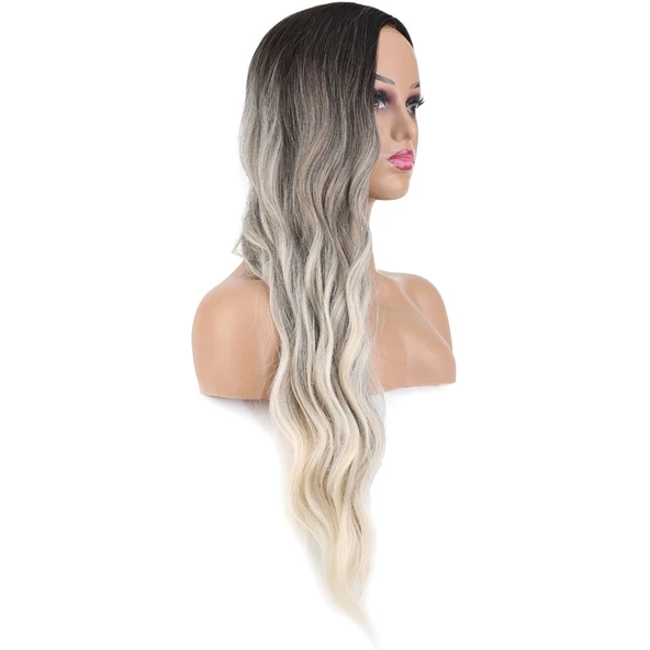 Uzun Su Dalgası Fiber Sentetik Peruk - Küllü Kumral / Beyaz Platin Ombre - Resim 2