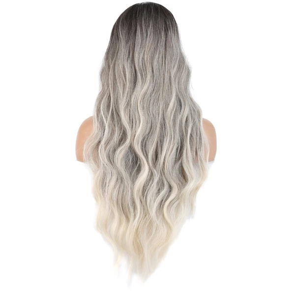 Uzun Su Dalgası Fiber Sentetik Peruk - Küllü Kumral / Beyaz Platin Ombre - Resim 4