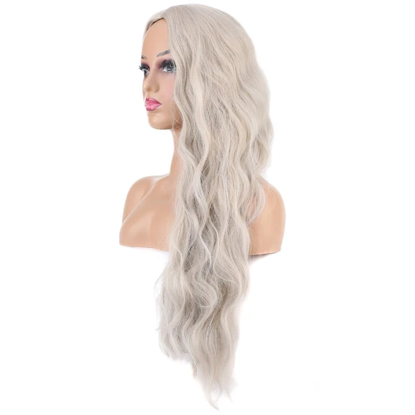 Uzun Su Dalgası Fiber Sentetik Peruk - Küllü Beyaz - Resim 3