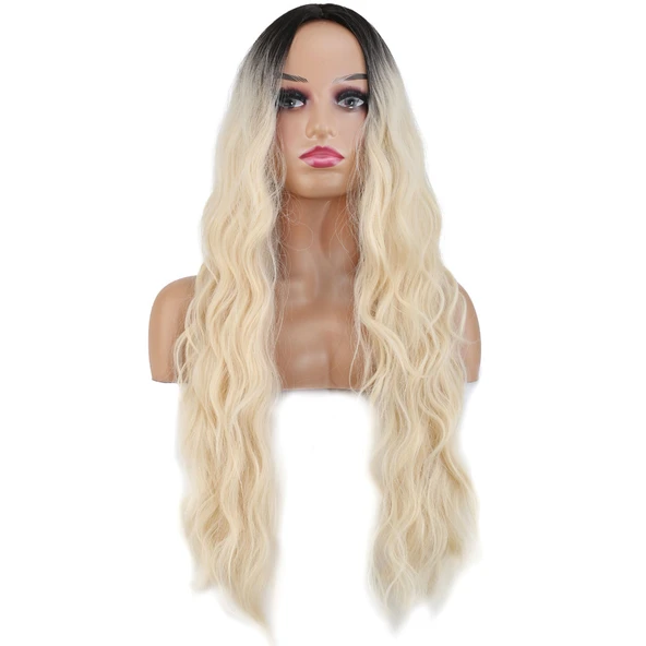 Uzun Su Dalgası Fiber Sentetik Peruk - Kahve / Platin Ombre - Resim 4