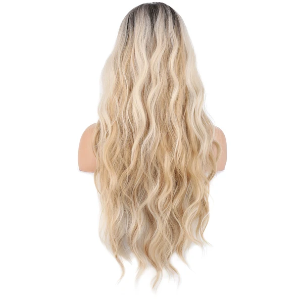 Uzun Su Dalgası Fiber Sentetik Peruk - Kumral / Bal Köpüğü Ombre ve Platin Röfleli - 4