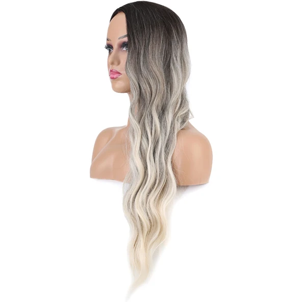 Uzun Su Dalgası Fiber Sentetik Peruk - Küllü Kumral / Beyaz Platin Ombre - Resim 3