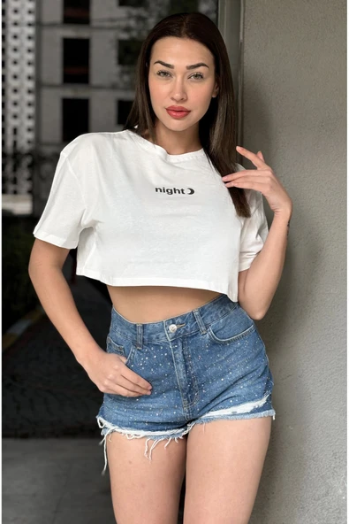 Kadın Bisiklet Yaka Baskılı Oversize Crop T-shirt - 12