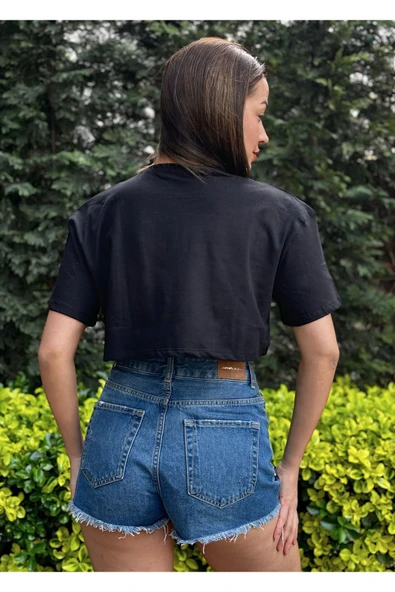 Kadın Bisiklet Yaka Baskılı Oversize Crop T-shirt - 10