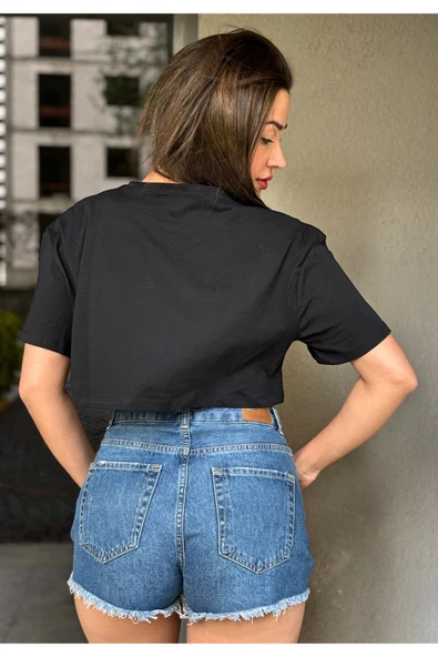 Kadın Bisiklet Yaka Baskılı Oversize Crop T-shirt - 5