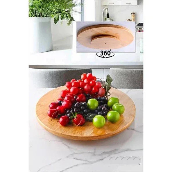 Ahşap Sunumluk Çerezlik Yuvarlak Şekli Servis Tabağı Tepsisi Kahvaltılık Dönerli - 3