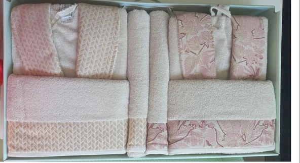 Özdilek Pamuklu 6 Parça Aile Bornoz Seti-Candidum Krem-Pembe Krem-Bej