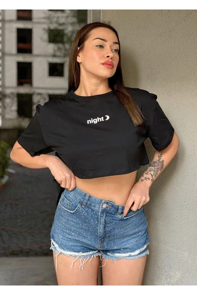 Kadın Bisiklet Yaka Baskılı Oversize Crop T-shirt