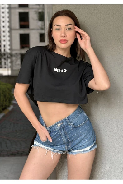 Kadın Bisiklet Yaka Baskılı Oversize Crop T-shirt - 3