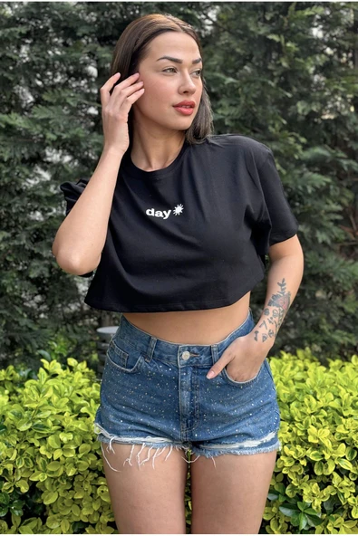 Kadın Bisiklet Yaka Baskılı Oversize Crop T-shirt - 6