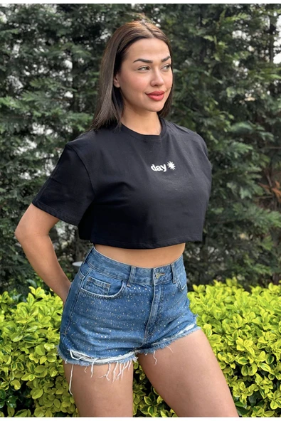 Kadın Bisiklet Yaka Baskılı Oversize Crop T-shirt - 8
