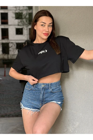 Kadın Bisiklet Yaka Baskılı Oversize Crop T-shirt - 2
