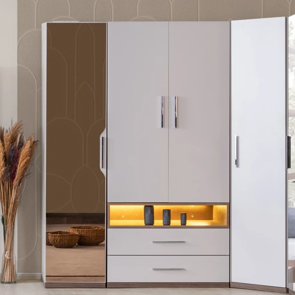 Gardırop, Milano 4 Kapaklı Çekmeceli, Aynalı Köşe Dolap
