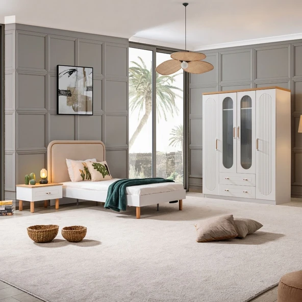 Vita Bohem Genç Odası - 4 Kapaklı Dolap, Karyola, Komodin