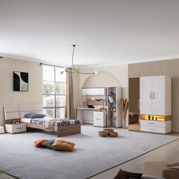 Milano Genç Odası - 3 Kapaklı Aynalı Dolap, Karyola, Komodin, Çalışma Masası, Kitaplık