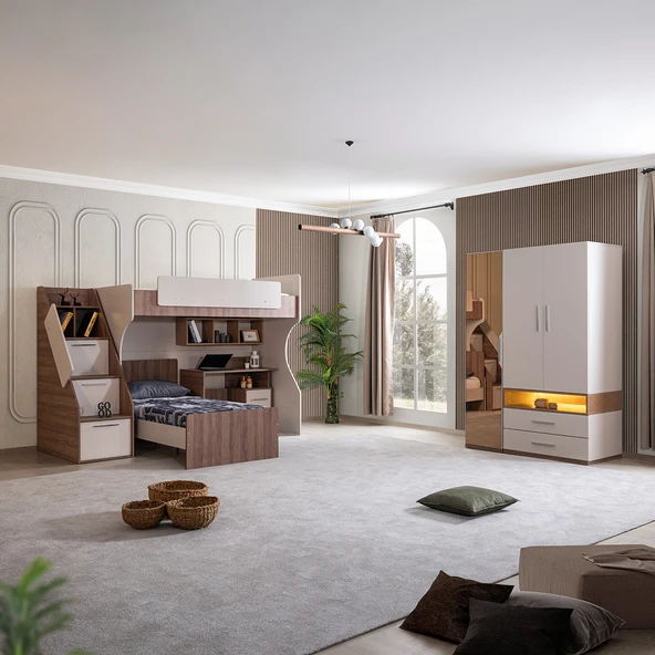 Ranza, Milano Genç Odası Takımı Çift Kişilik Çalışma Masalı Modern Ranza + Üç Kapaklı Modern Dolap