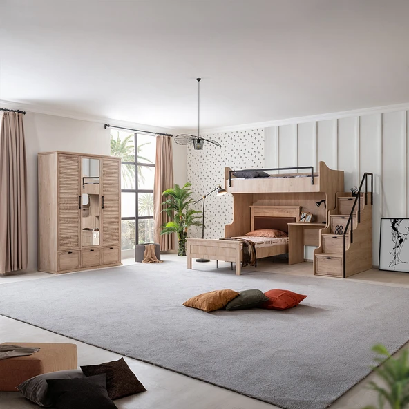 Ranza, Polo Genç Odası Takımı Çift Kişilik Çalışma Masalı Ceviz Ranza + Üç Kapaklı Ceviz Dolap