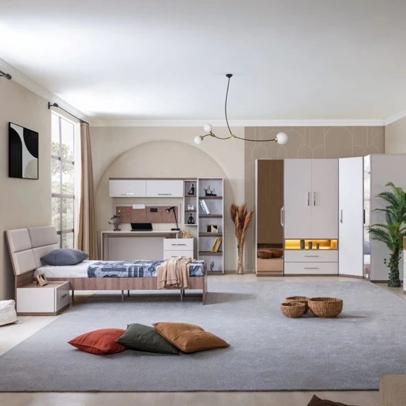 Genç Odası - 5 Kapaklı Aynalı Dolap, Karyola, Komodin, Çalışma Masası, Kitaplık