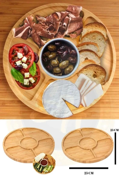 Ahşap Sunumluk Çerezlik Yuvarlak Şekli Servis Tabağı Tepsisi 5 Bölmeli Kahvaltılık Dönerli - 2