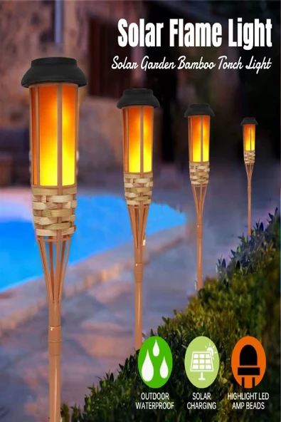 Solar Bambu Bahçe Lambası - Alev Efektli, Su Geçirmez, 60 cm Güneş Enerjili Aydınlatma - 6