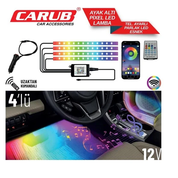 48 LED RGB Araç İçi Dekoratif Aydınlatma Uzaktan Kumandalı & Uygulama Kontrollü Atmosfer Işığı - 6