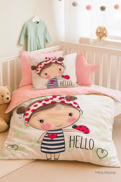 Dijital Baskılı 3d Pamuklu Yenidoğan Bebek Nevresim Takımı Hello Girl - 3