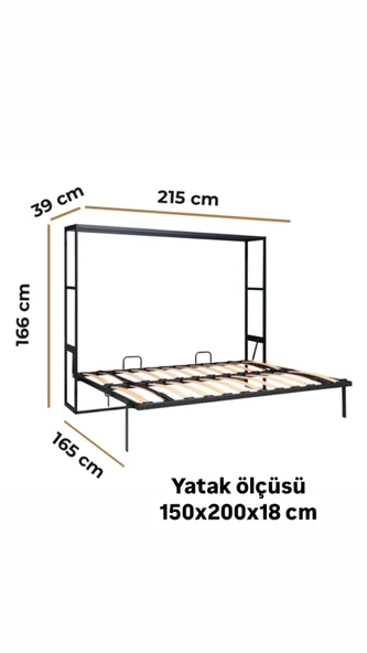 MODAMOB Akıllı Mobilya Metal Kasa Yatay Açılır Çift Kişilik Duvara Monte Yatak - 3