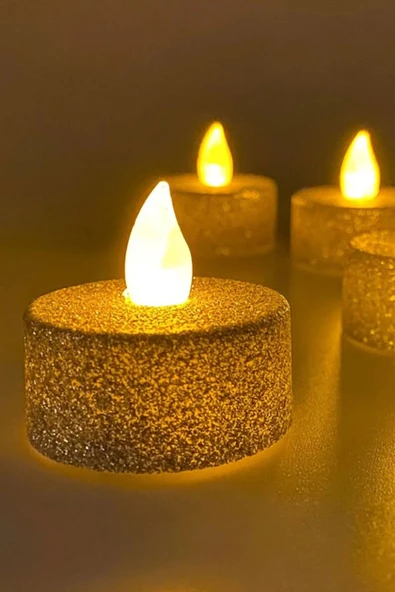 Dekoratif LED Tealight Mum Seti - 4 Adet Alev Efektli, Altın Renk, Alevsiz Işıklı Mum - 3
