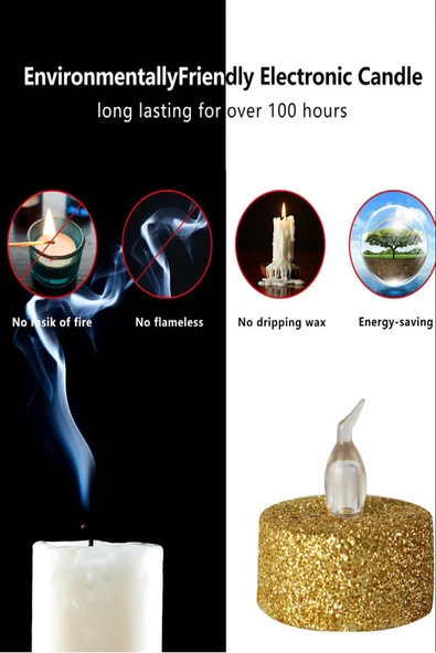 Dekoratif LED Tealight Mum Seti - 4 Adet Alev Efektli, Altın Renk, Alevsiz Işıklı Mum - 6