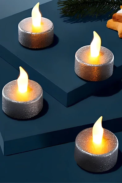 Dekoratif LED Tealight Mum Seti - 4 Adet Alev Efektli, Altın Renk, Alevsiz Işıklı Mum - 3