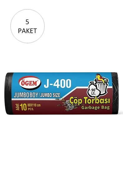 J-400 Jumbo Boy Çöp Torbası 80 x 110 cm 10 Lu Rulo x 5 Paket = 50 Adet (Siyah)