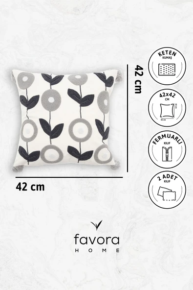 Avis Püsküllü Punch İşlemeli 2'li Kırlent Kılıfı 42x42 - Gri - Resim 6