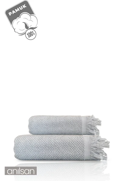 2'li Gri Jelena Havlu Seti %100 Pamuk  - 1 Adet El Havlusu 50x90 ve 1 Adet Banyo Havlusu 70x140