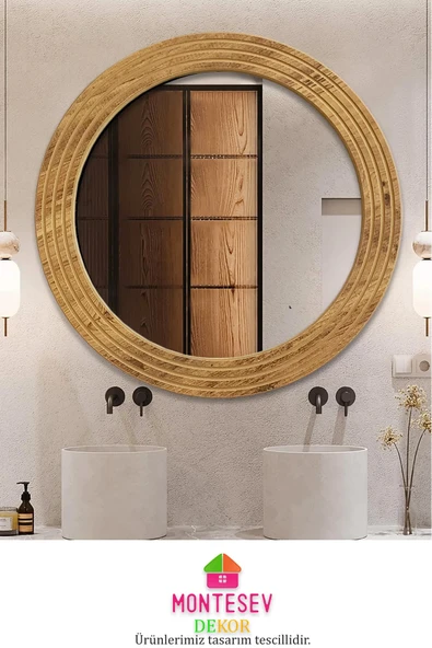 Antik Ahşap 2 Li Dekoratif Ayna Seti Yuvarlak Ayna Duvar Aynası Banyo Lavabo Aynası 56 Cm -43 Cm - 3
